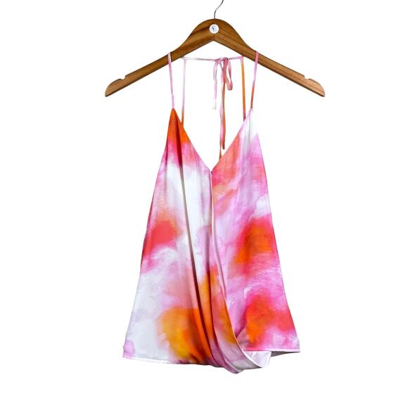 Parker Harlow Pink Orange Sunset Tie Dye Silk Blend Surplice Strappy Blouse - Picture 10 of 14